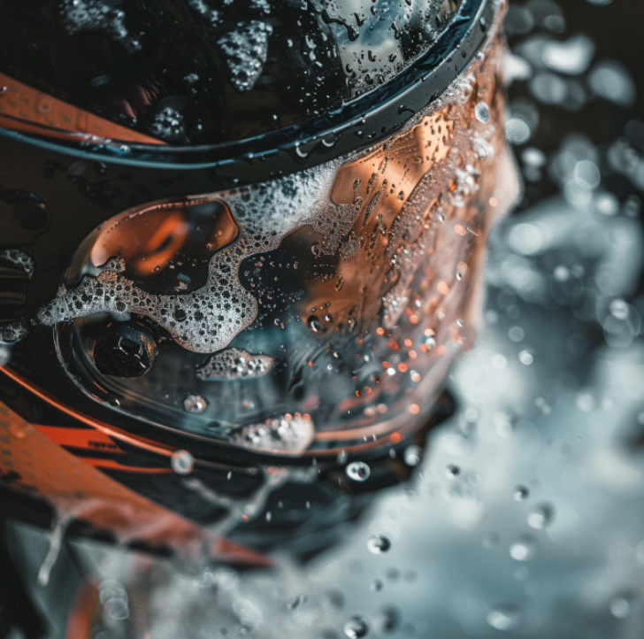 black motorcycle helmet with orange features covered in soapy water