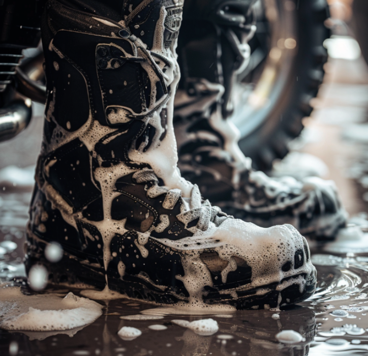 black motorcycle boots covered in soapy water stood next to a motorcycle wheel