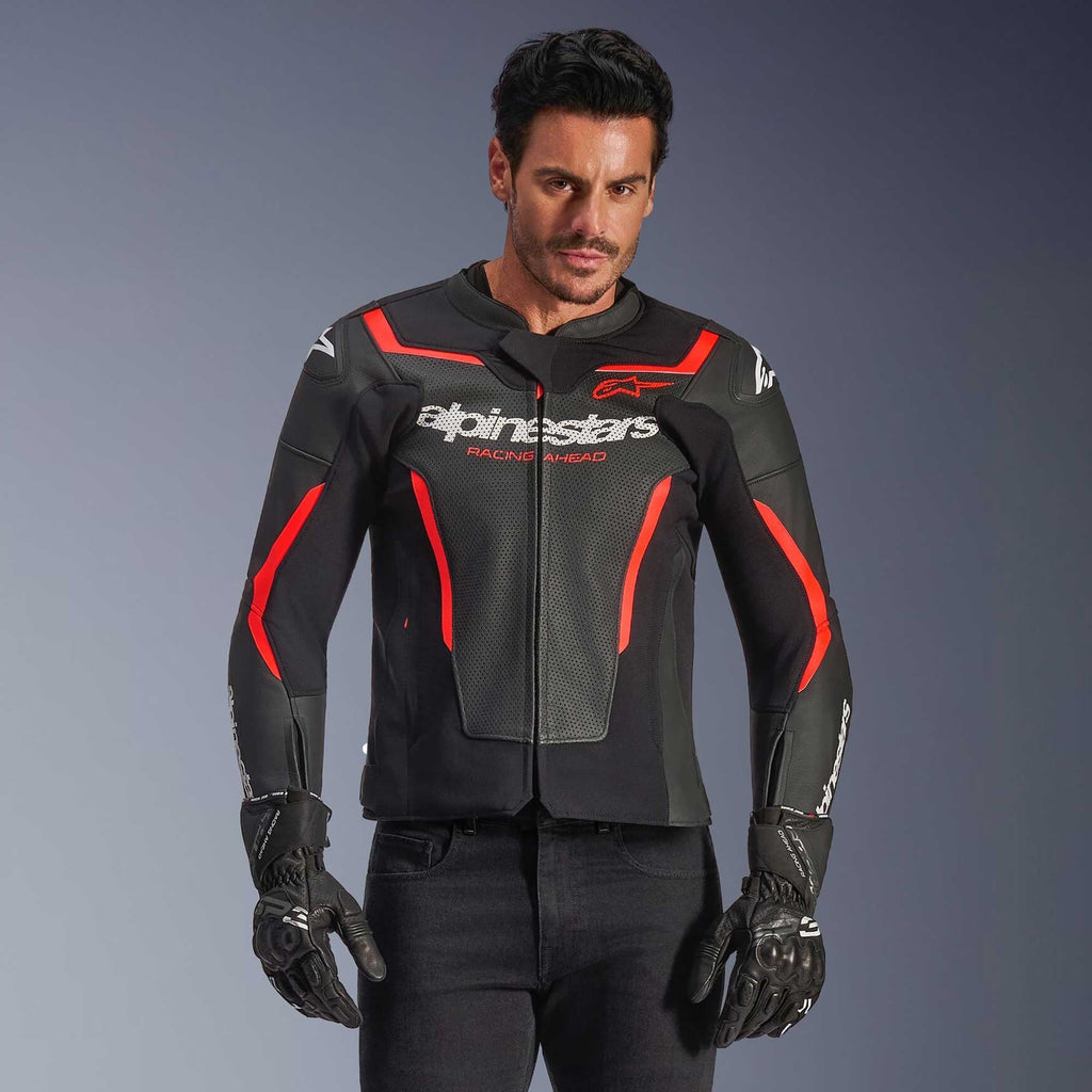 Alpinestars GP FORCE V2 Airflow Motorcycle Leather Jacket (Black/Red Fluo)