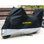 RIDERR Motorcycle Cover + Top Box - Indoor & Outdoor |UV Resistant | Chain loop Holes | Elasticated Base + Strap (Black/Silver)