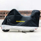 RIDERR Motorcycle Cover + Top Box - Indoor & Outdoor |UV Resistant | Chain loop Holes | Elasticated Base + Strap (Black/Silver)