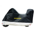 RIDERR Motorcycle Cover + Top Box - Indoor & Outdoor |UV Resistant | Chain loop Holes | Elasticated Base + Strap (Black/Silver)