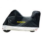 RIDERR Motorcycle Cover + Top Box - Indoor & Outdoor |UV Resistant | Chain loop Holes | Elasticated Base + Strap (Black/Silver)