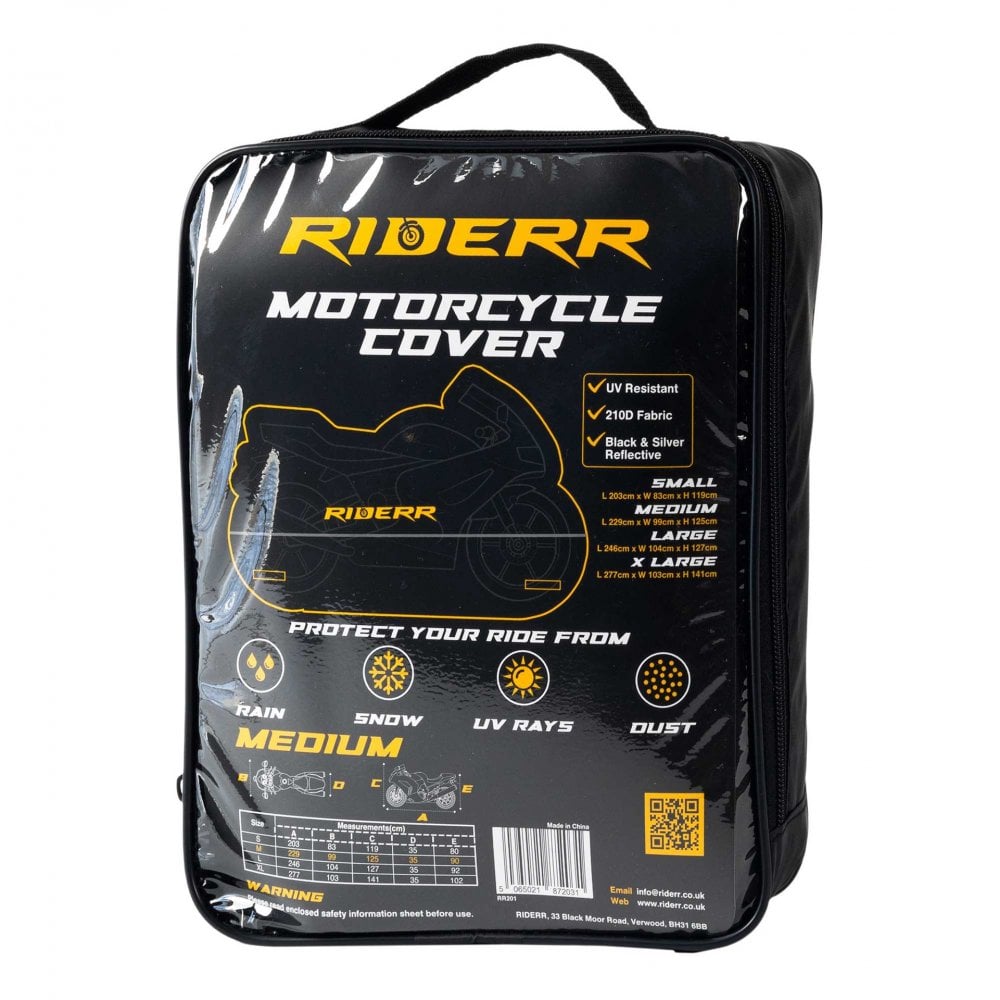 RIDERR Motorcycle Cover - Indoor & Outdoor |UV Resistant | Chain loop Holes | Elasticated Base + Strap (Black/Silver)