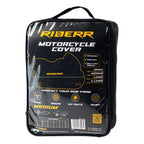 RIDERR Motorcycle Cover - Indoor & Outdoor |UV Resistant | Chain loop Holes | Elasticated Base + Strap (Black/Silver)