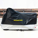 RIDERR Motorcycle Cover - Indoor & Outdoor |UV Resistant | Chain loop Holes | Elasticated Base + Strap (Black/Silver)