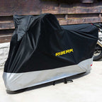 RIDERR Motorcycle Cover - Indoor & Outdoor |UV Resistant | Chain loop Holes | Elasticated Base + Strap (Black/Silver)