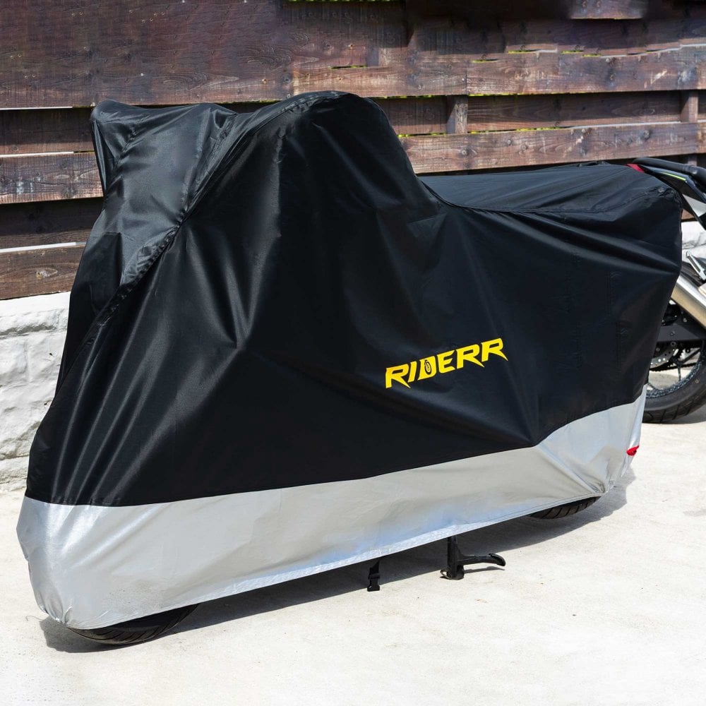 RIDERR Motorcycle Cover - Indoor & Outdoor |UV Resistant | Chain loop Holes | Elasticated Base + Strap (Black/Silver)