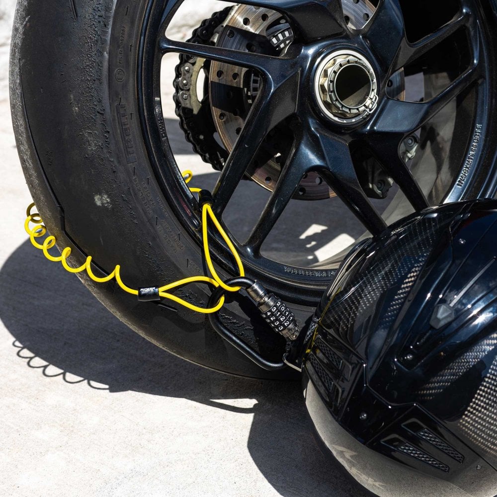 RIDERR Motorcycle Helmet Lock - Carabiner Combination Lock / T-Bar / Cable All in one Pack (Black/Yellow)