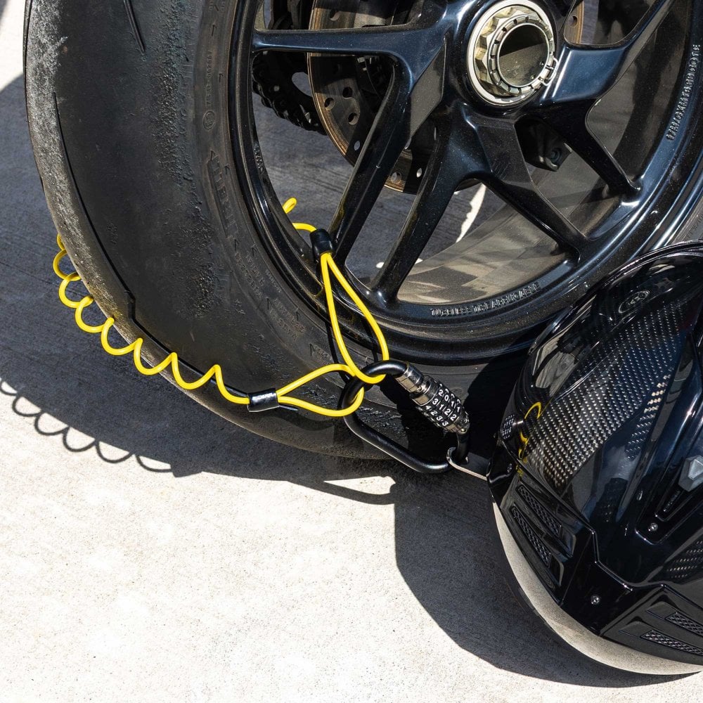 RIDERR Motorcycle Helmet Lock - Carabiner Combination Lock / T-Bar / Cable All in one Pack (Black/Yellow)