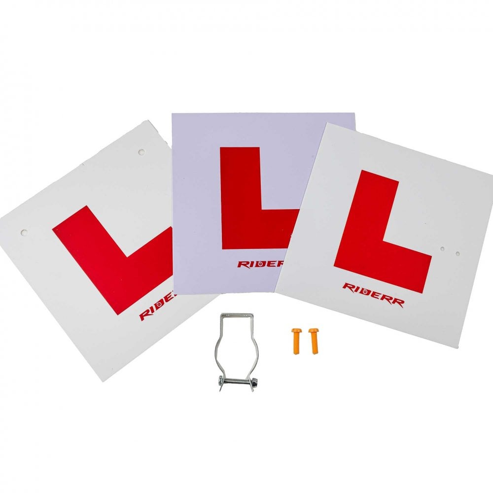 RIDERR Motorcycle L-Plates - Learner L Plate Kit (Rigid with Bracket / Rigid Rear / Self Adhesive / Number Plate Bolts)