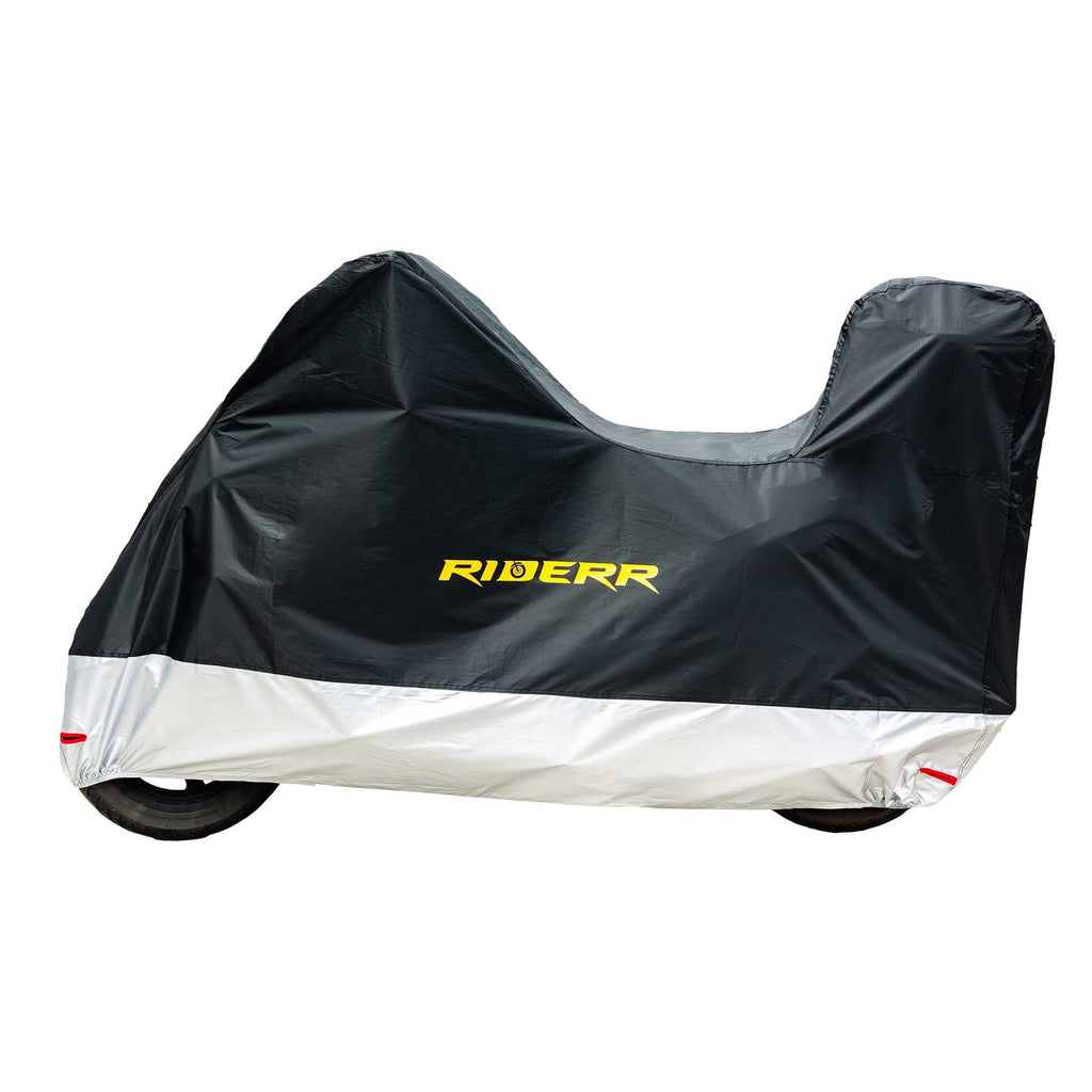 RIDERR Motorcycle Cover + Top Box - Indoor & Outdoor |UV Resistant | Chain loop Holes | Elasticated Base + Strap (Black/Silver)
