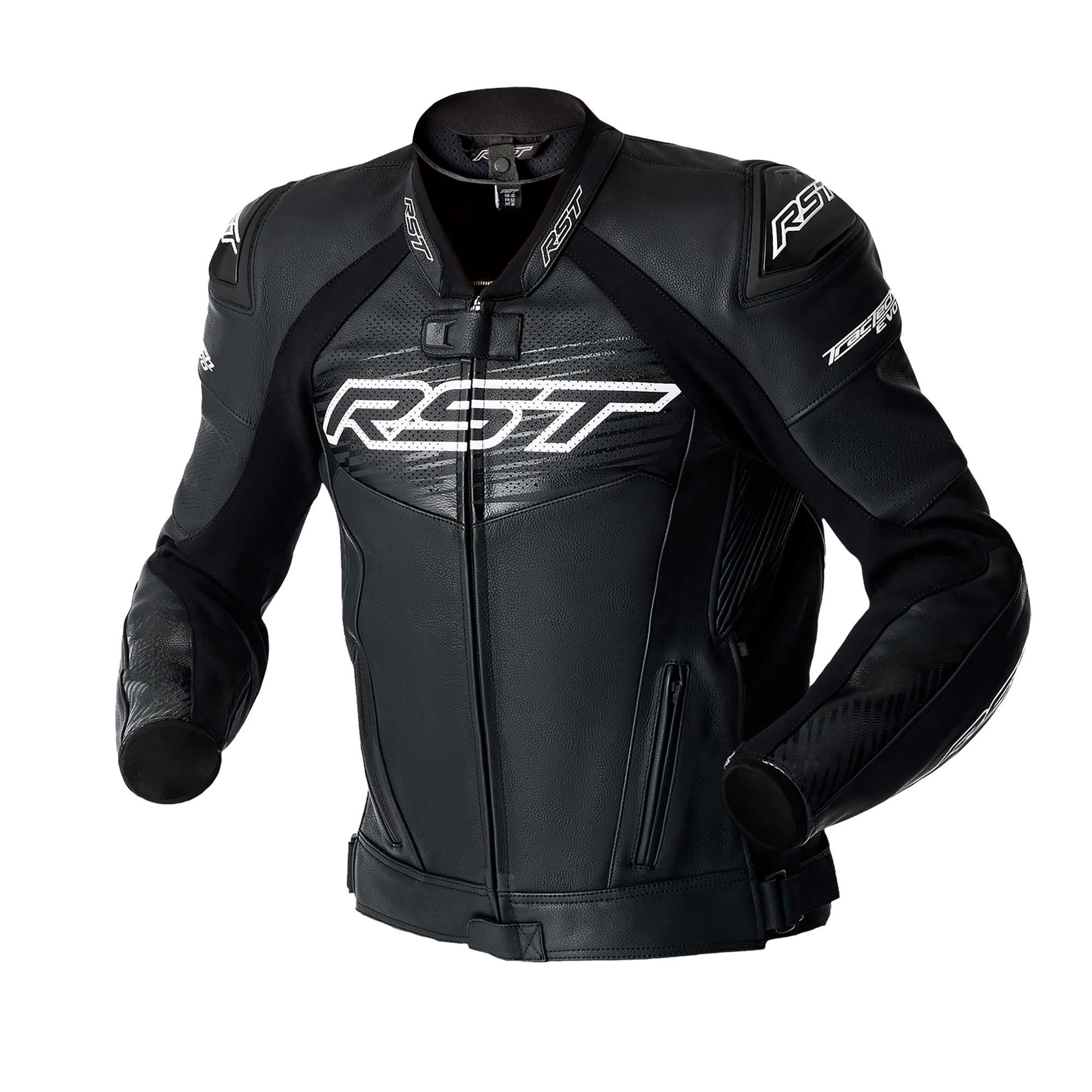 RST Motorcycle Race | Road Leather Jacket - Tractech Evo D3O Armour (Black / White)