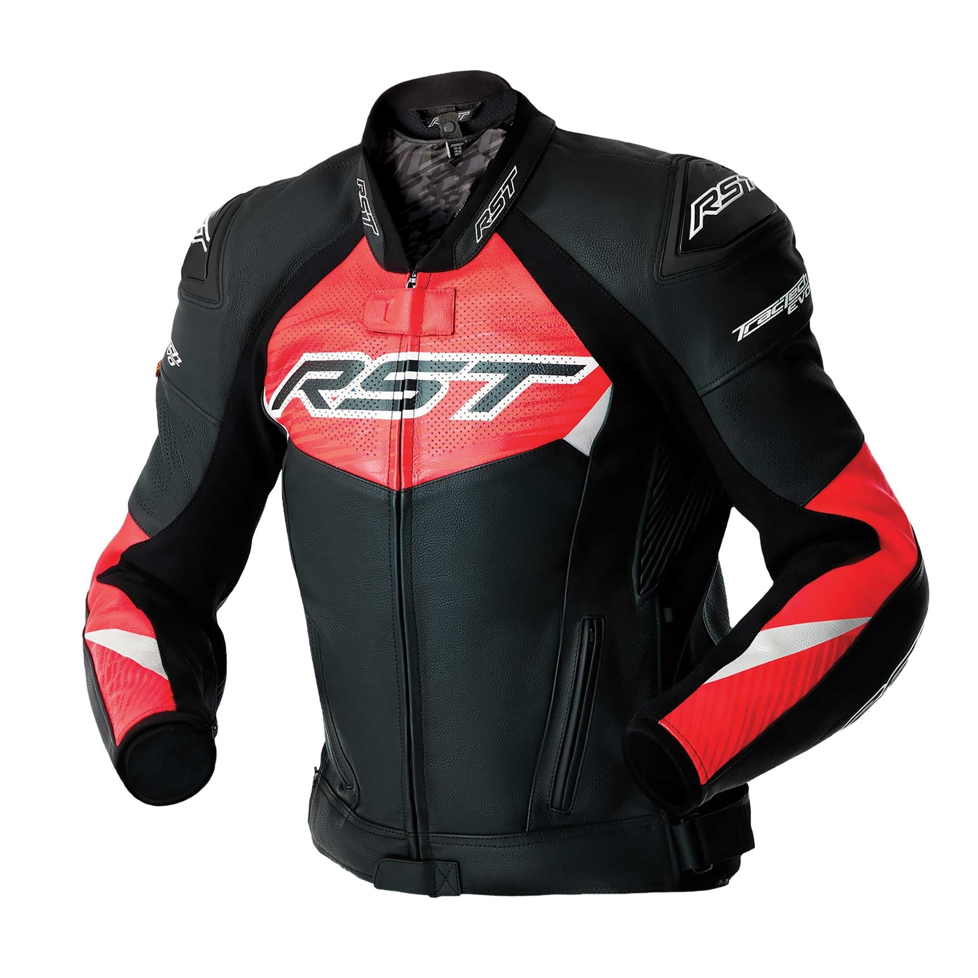 RST Motorcycle Race | Road Leather Jacket - Tractech Evo D3O Armour (Black / Flo Red)