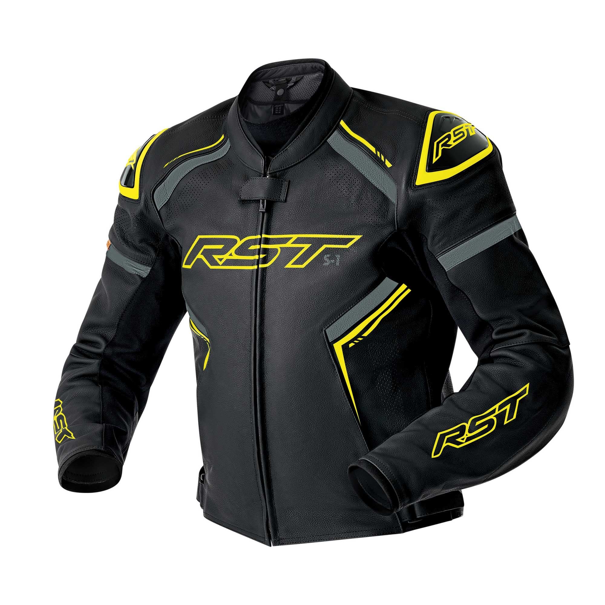 RST Motorcycle Sports | Road Leather Jacket - S1 D3O Armour (Black / Grey / Flo Yellow)