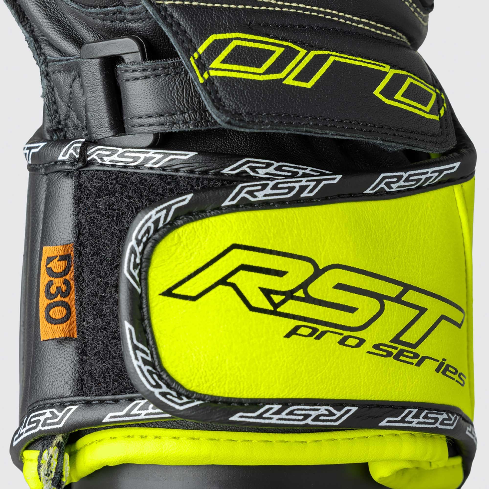 RST Motorcycle Race | Road Leather Gloves - Pro Series GP D3O Armour (Black / Flo Yellow)