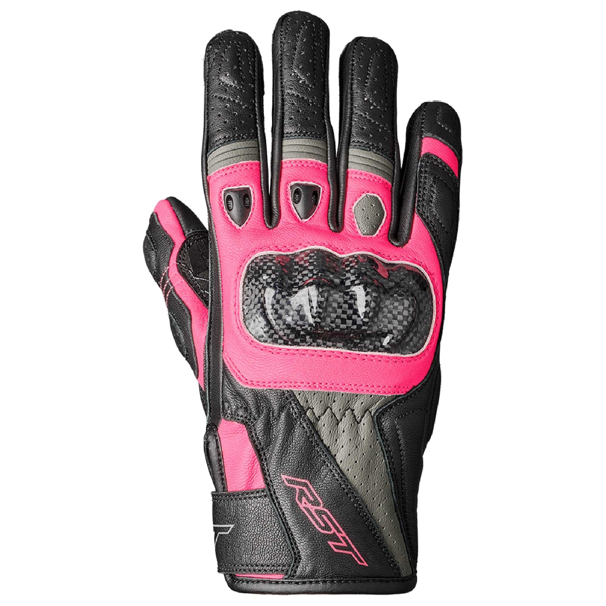 RST Women's Motorcycle Short Leather Gloves - Stunt III CE (Black / Pink / Grey)