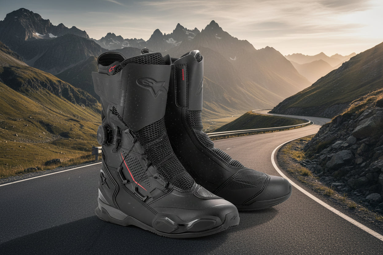 Pair of black motorcycle boots with brand logo on a white background