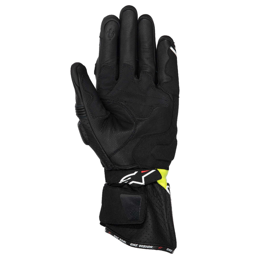Black motorcycle glove with brand logo on a white background