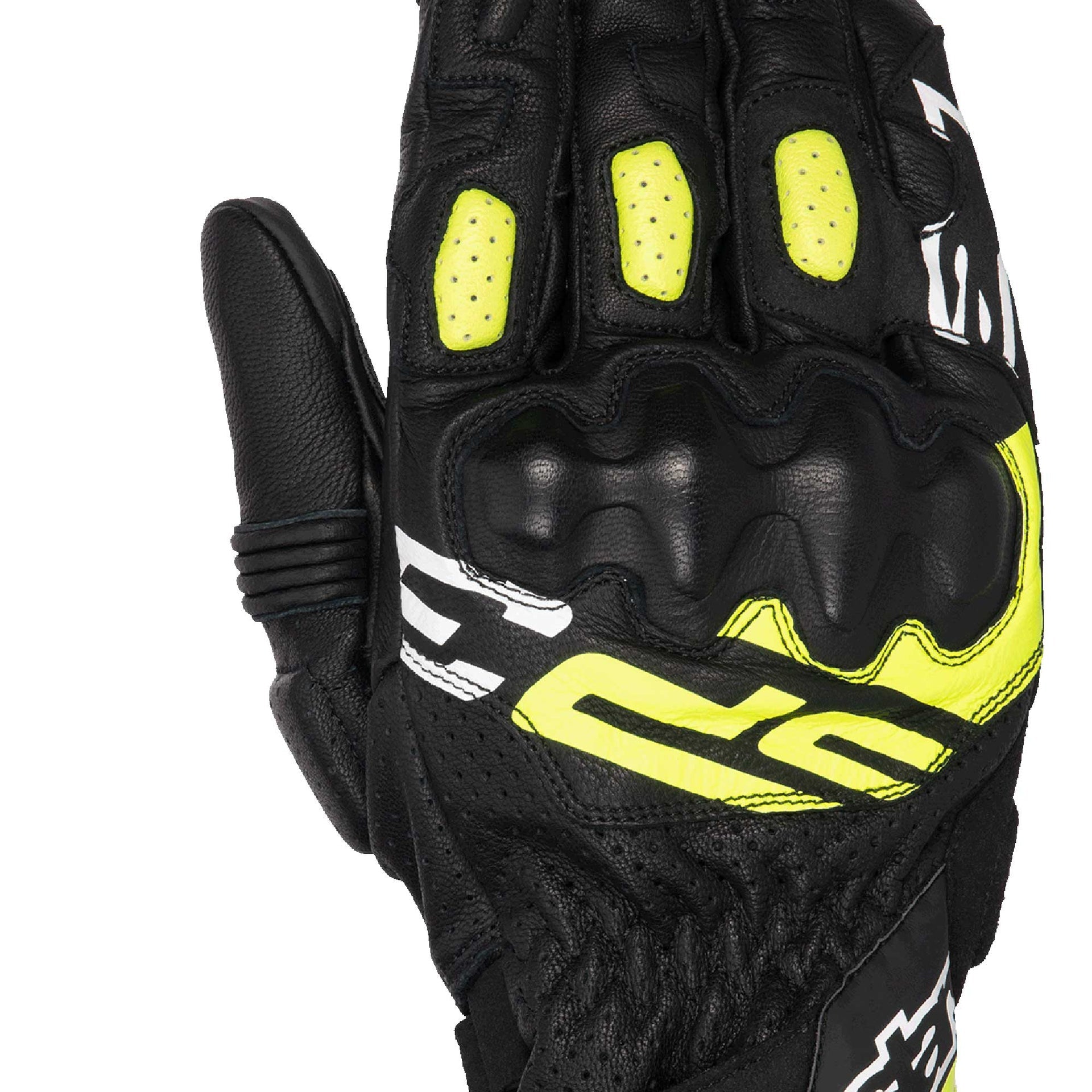 Black motorcycle glove with yellow accents on a white background