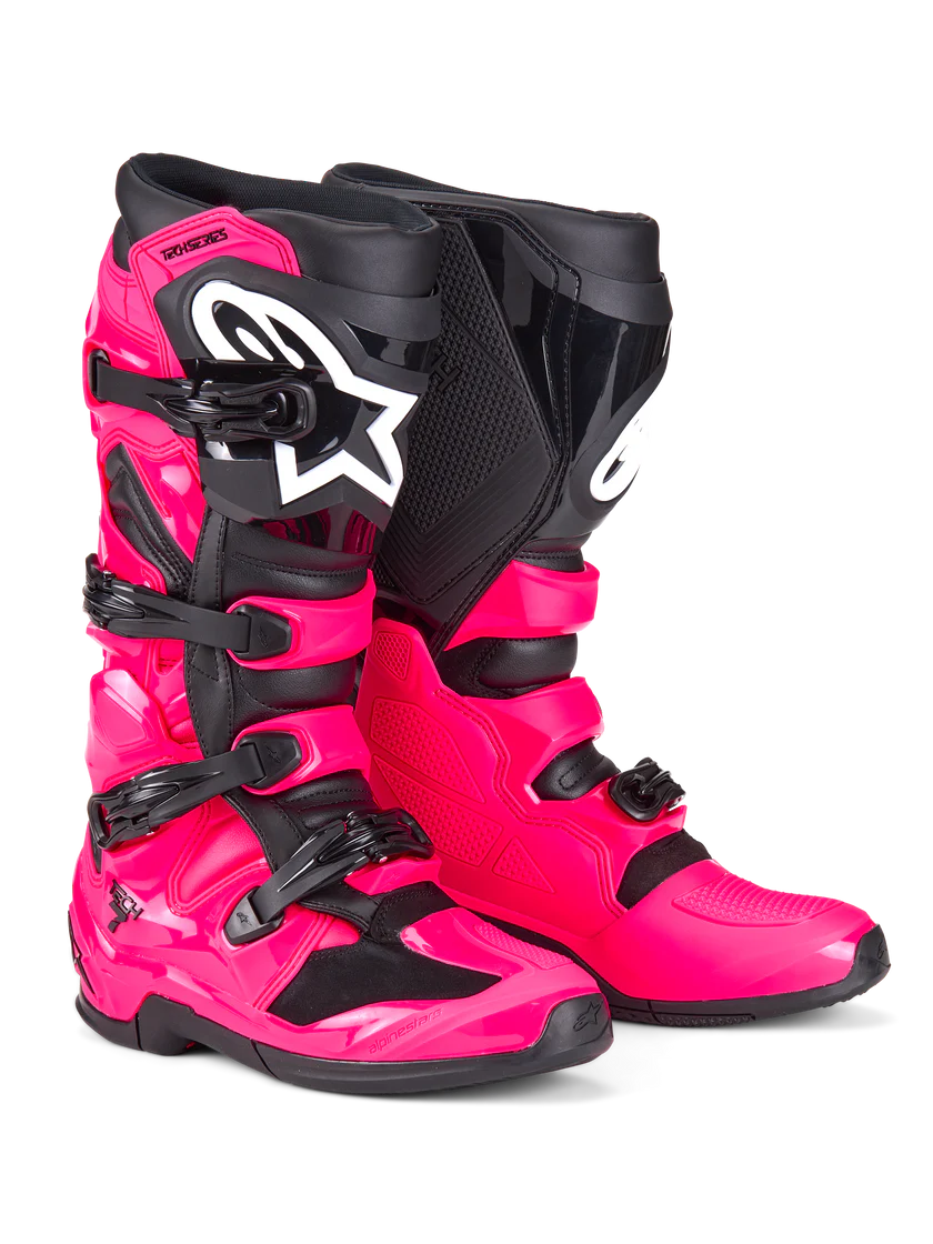 Alpinestars Tech 7 Boots in Diva Pink offset with black and a white logo