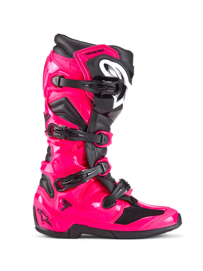 Alpinestars Tech 7 Boots in Diva Pink offset with black and a white logo