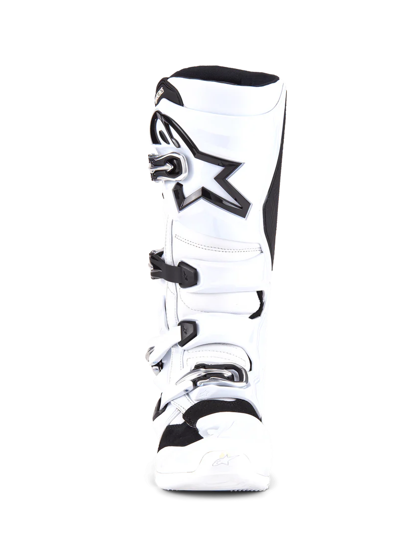 White motocross boot with black star logo on a white background