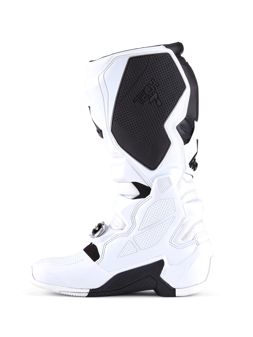White and black motocross boot on a white background