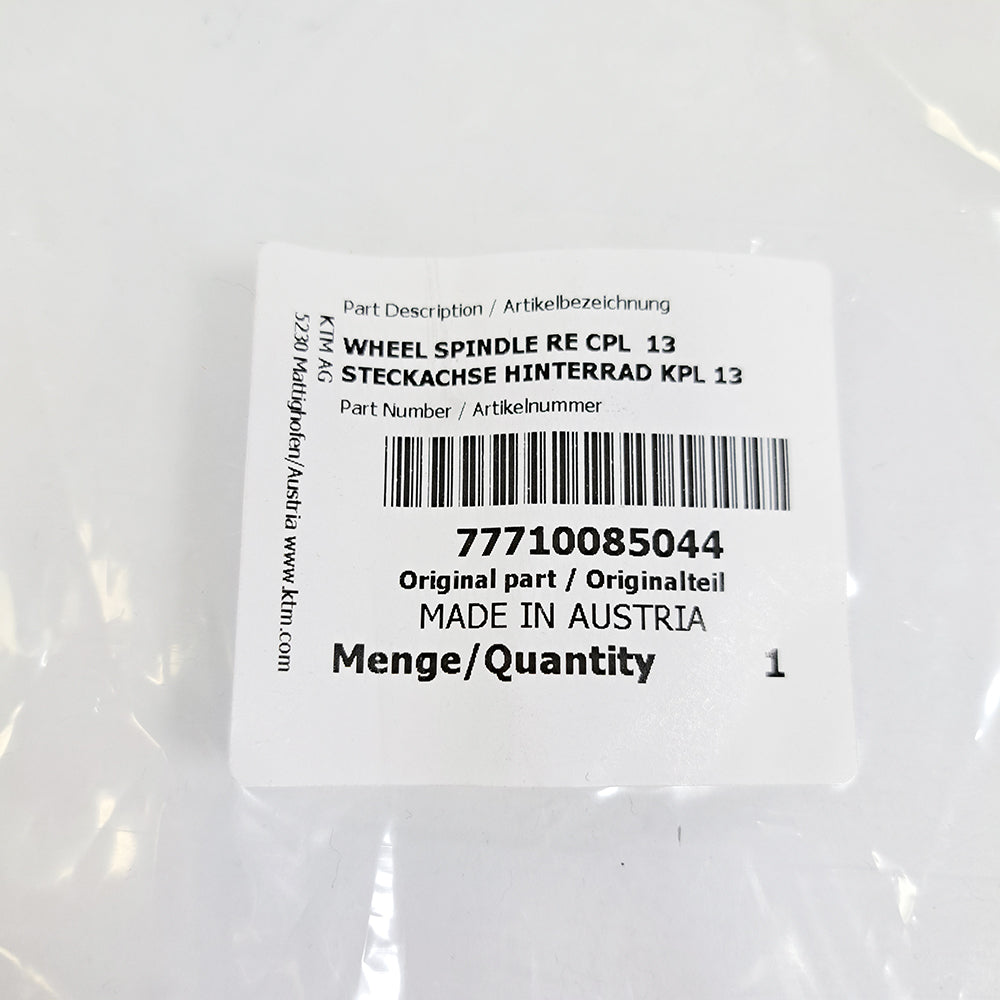 KTM Genuine Part - Rear Spindle, KTM SX/SXF 125-450 13-22, Husqvarna TC/FC 125-450 16-22, TC250 17-22, TX300 17-22, FX350/450 17-21, Gas Gas MC/MCF 125-450 21-23, EXF 250-450 21-23 - K77710085044