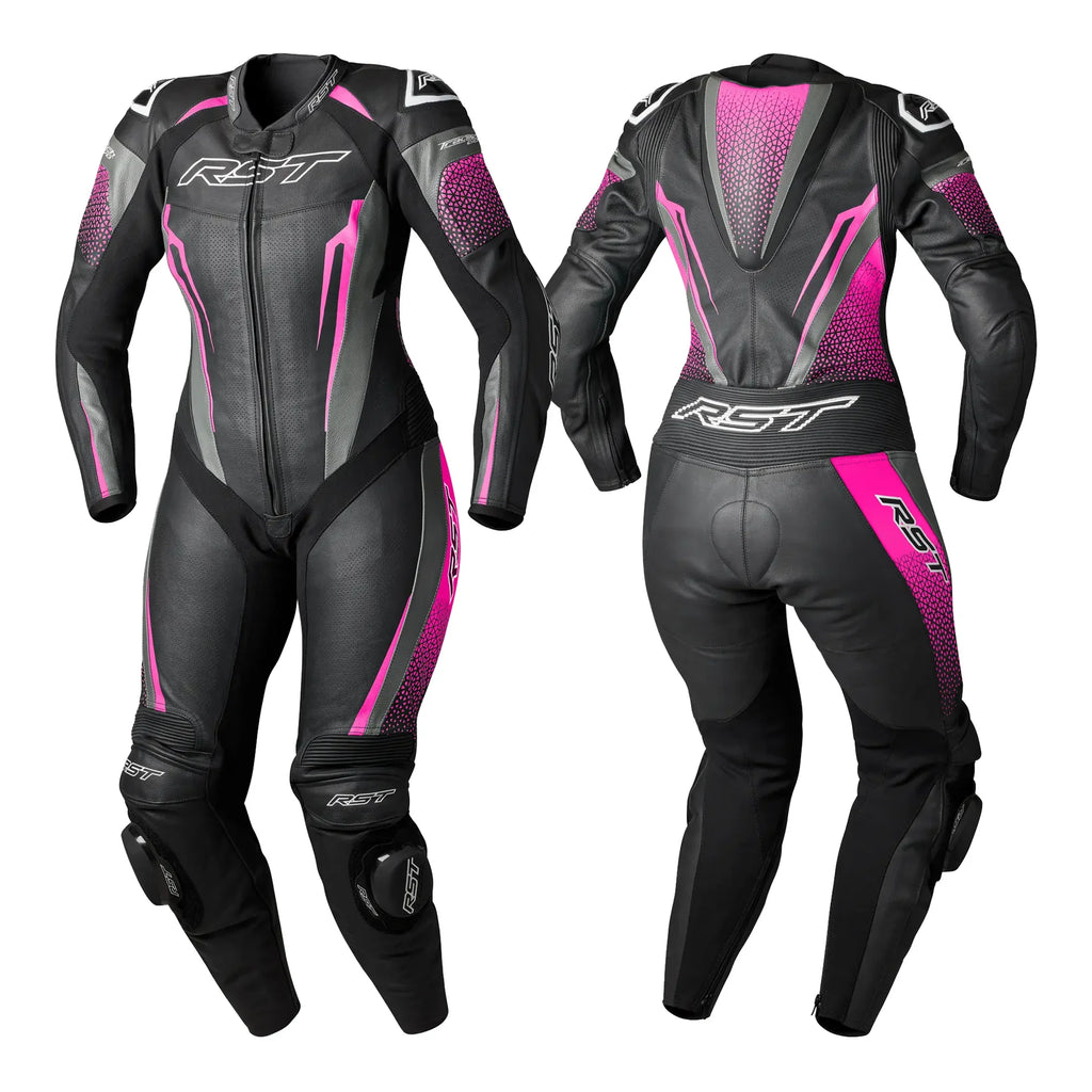 RST Motorcycle Ladies 1pc Race Suit - Tractech EVO D3O Armour (Black/Pink)
